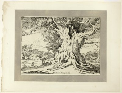 Rustend, mannen en honden onder een grote boom, uit de eerste uitgave van Specimens of Polyautography door William Alfred Delamotte