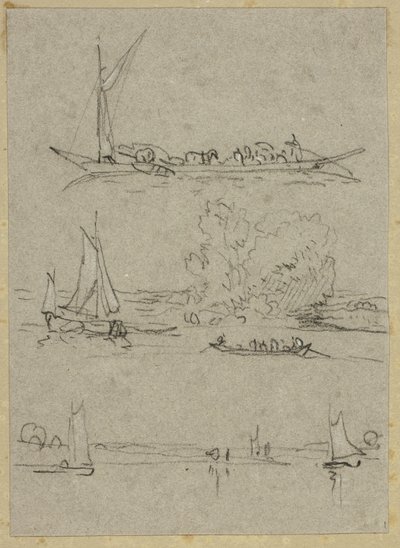 Drie Schetsen van Düsseldorfse Rivierboten door William Alfred Delamotte