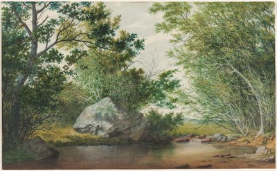 Landschap met Beboste Stroom en Rotsblok door William Allen Wall