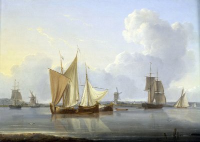 Aankomst in Limehouse, Londen, verschillende boten op de Theems en een molen aan de oever, en rechts het Greenwich Hospital (circa 1820) door William Anderson