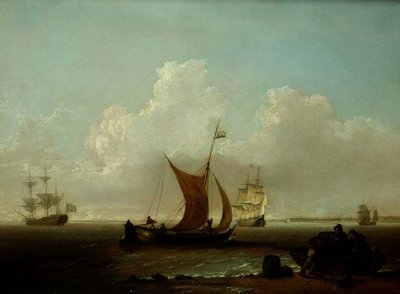 Nederlandse schepen voor de kust van Holland met vissers die een boot laden aan de kust door William Anderson