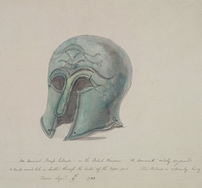 Oude bronzen helm uit het British Museum, Holborn, Londen, 1784 door William Angus