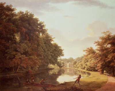 Punt op de rivier Clodiagh bij Charleville Forest, Offaly met de Castellated Farm en Gothick Dairy, c.1810 door William Ashford