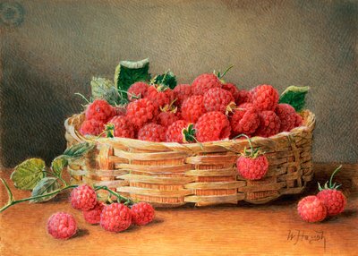 Een stilleven van frambozen in een mandje door William B. Hough