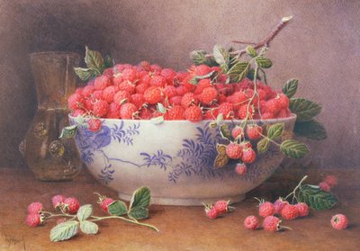 Stilleven van Frambozen in een Blauwe en Witte Kom door William B. Hough