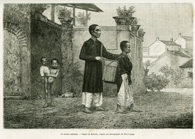 Een wandelende tovenaar, een blinde masseur. Gravure door Barbotin, ter illustratie van het verhaal Trente mois au Tonkin, in 1884, door dokter Paul Hocquard, in le tour du monde 1890, onder leiding van Edouard Charton (1807-1890), Hachette, Parijs door William Barbotin