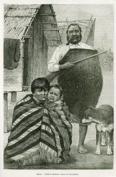Drie generaties Maori. Gravure door Barbotin, ter illustratie van het verhaal Voyage a la Nouvelle Zelande, in 1889, door G.Verschuur, in le tour du monde 1890, onder leiding van Edouard Charton (1807-1890), Hachette, Parijs. door William Barbotin