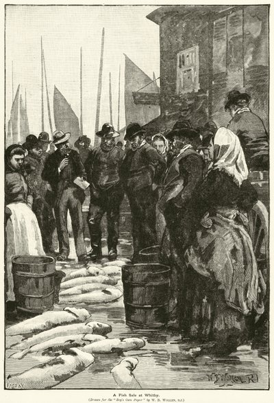 Een Visverkoop in Whitby door William Barnes (after) Wollen