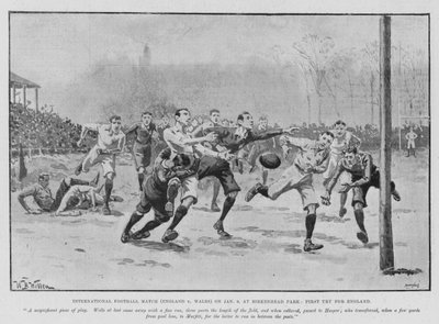 Internationale voetbalwedstrijd (Engeland v Wales) op 6 januari, in Birkenhead Park, Eerste Try voor Engeland (litho) door William Barnes (after) Wollen