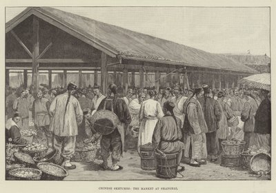 Chinese schetsen, de markt in Shanghai door William Barnes Wollen