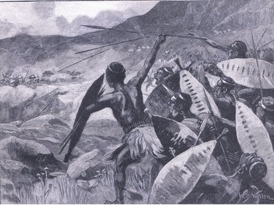Gevechten in de Matoppo Heuvels: aanval van de Matabele, illustratie uit Cassells Geschiedenis van Engeland, 1900s door William Barnes Wollen