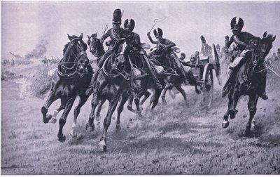 Kanonnen naar voren: Waterloo 18 juni 1815, illustratie uit Britse gevechten op land en zee, 1915 door William Barnes Wollen