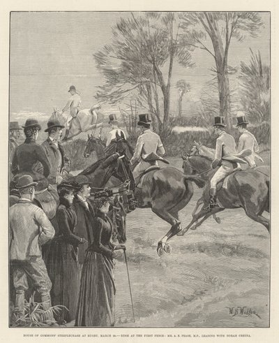 Steeplechase van het Lagerhuis in Rugby, 29 maart, stormloop bij de eerste hindernis, Mr A E Pease, MP, leidt met Norah Creina door William Barnes Wollen