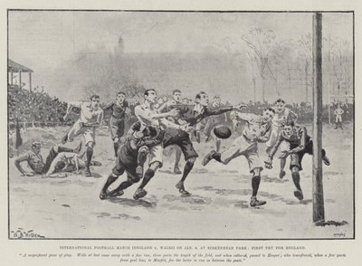Internationale voetbalwedstrijd (Engeland v Wales) op 6 januari, in Birkenhead Park, Eerste Try voor Engeland door William Barnes Wollen