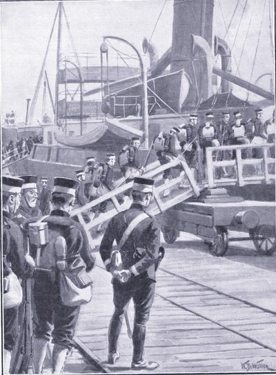 Japanse troepen schepen in bij Kobe, illustratie uit Cassells History of the Russo-Japanese War Vol 1, ca. 1900 door William Barnes Wollen