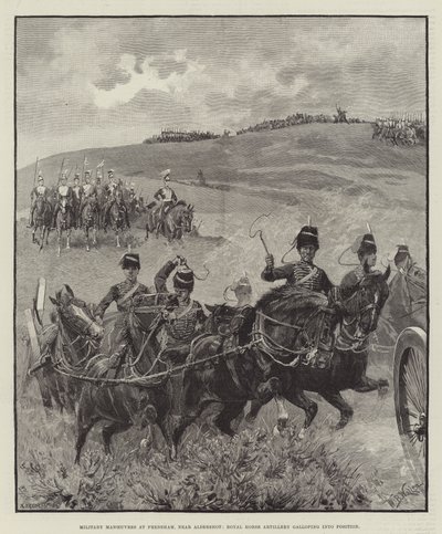 Militaire manoeuvres bij Frensham, nabij Aldershot, Royal Horse Artillery galopperend in positie door William Barnes Wollen