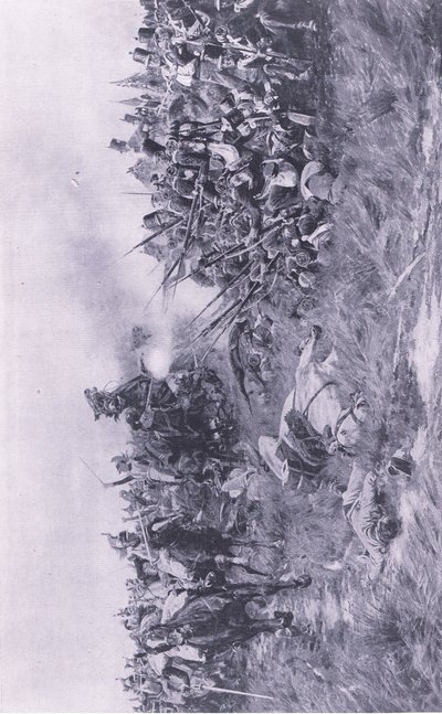 Het 28e Gloucester Regiment ontvangt Franse cavalerie bij Waterloo 18 juni 1815, illustratie uit Britse gevechten op land en zee, 1915 door William Barnes Wollen