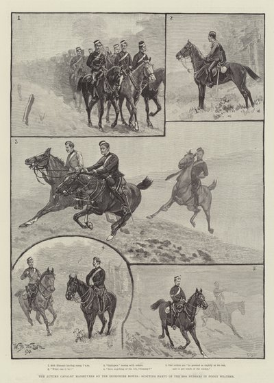De Herfst Cavalerie Manoeuvres op de Berkshire Downs, Verkenningspartij van de 20e Huzaren in Mistig Weer door William Barnes Wollen