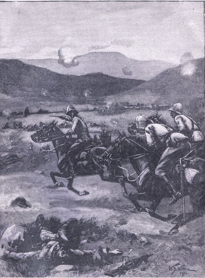 De Slag bij Colenso: Luitenant Roberts galoppeert om de ramp met de kanonnen te herstellen, illustratie uit Cassells Geschiedenis van Engeland, 1900s door William Barnes Wollen