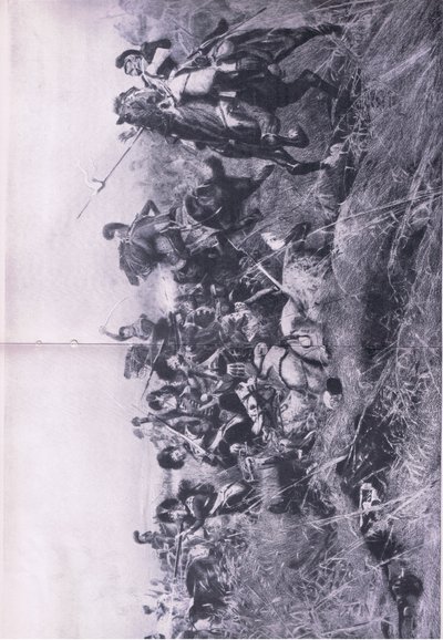 De Black Watch bij de Slag om Quatre Bras 16 juni 1815, illustratie uit Britse gevechten op land en zee, 1915 door William Barnes Wollen