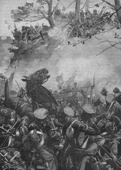 De Fransen stormden vooruit met triomfantelijke kreten en schoten naar beneden in de holle weg, 1902 door William Barnes Wollen