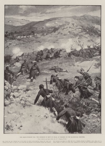De Grieks-Turkse Oorlog, het Schermutseling van Mont St Elias, bij Nazaros, aan de Macedonische Grens door William Barnes Wollen