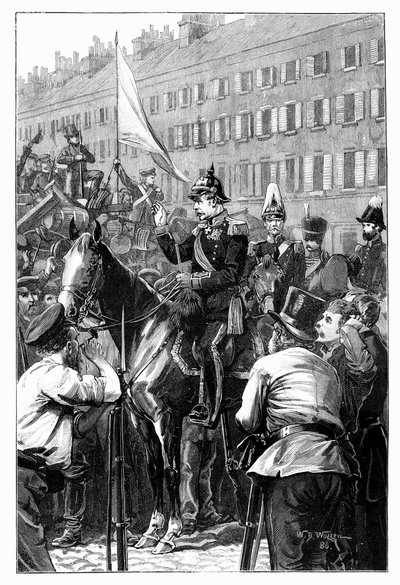De koning van Pruisen spreekt de Berlijners toe door William Barnes Wollen
