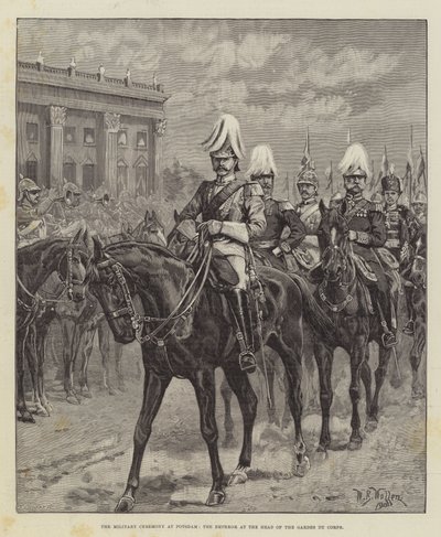 De militaire ceremonie in Potsdam, de keizer aan het hoofd van de Gardes du Corps door William Barnes Wollen