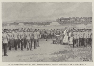 De militaire manoeuvres in Wilts en Dorset, de bisschop van Salisbury leidt de kerkdienst in het kamp op zondag 21 augustus door William Barnes Wollen