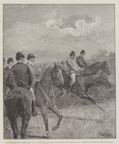 De parlementaire steeplechase, Mr F Mildmay op Discretion haalt Mr Walter Long op Crusader in, bij de tweede hindernis van huis door William Barnes Wollen