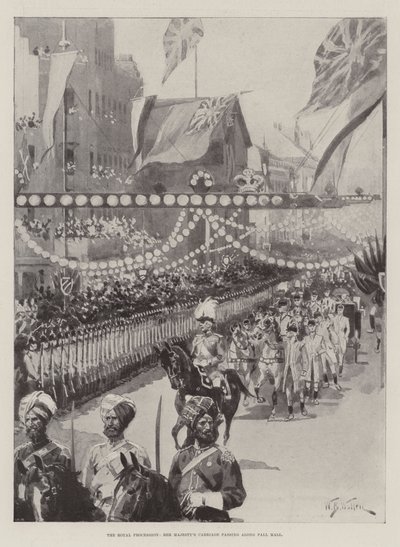 De koninklijke processie, de koets van Hare Majesteit die langs Pall Mall rijdt door William Barnes Wollen