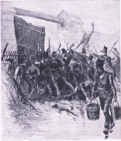 De aanval op La Haye Sainte, illustratie uit Britse gevechten op land en zee, 1915 door William Barnes Wollen