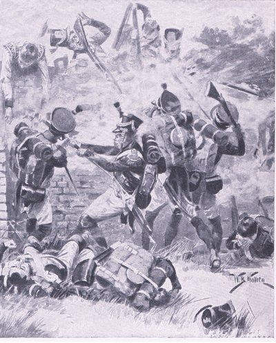 De aanval op de muur bij Hougomont: Waterloo 1815, illustratie uit Britse gevechten op land en zee, 1915 door William Barnes Wollen