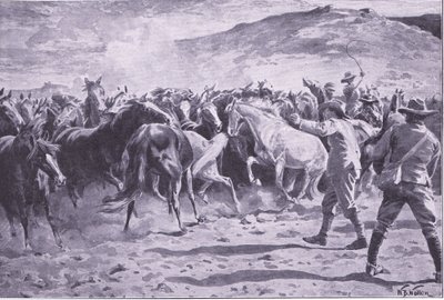 De vangst van de paarden in het Brandwater-district bij Fouriesburg: het bijeenbrengen van de kudde, illustratie uit Na Pretoria: De Guerrillaoorlog, 1902 door William Barnes Wollen