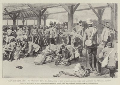 Troepen voor Zuid-Afrika, 7e Detachement Koninklijke Ingenieurs, uit Dublin, bij Southampton Docks Shed naast de Braemar Castle door William Barnes Wollen