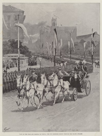 Bezoek van de Tsaar en Tsarina aan Wenen, de Twee Keizers rijden door de Prater Strasse door William Barnes Wollen