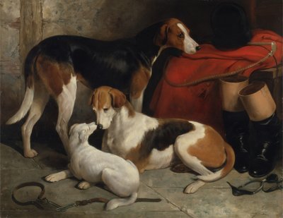 Een Paar Foxhounds van Lord Henry Bentinck met een Terrier, ca. 1845 door William Barraud