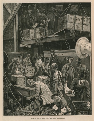 Lading lossen op een theeschip in de dokken van Londen (gravure) door William Bazett Murray