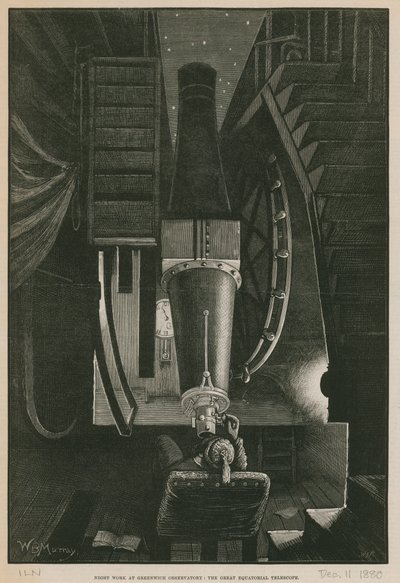 Nachtwerk bij het Greenwich Observatorium; De grote Equatoriale Telescoop door William Bazett Murray