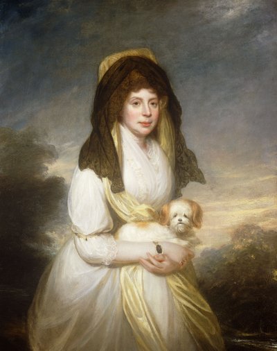 Portret van koningin Charlotte, driekwart lengte, in een witte jurk, een gele sjaal en zwarte mantilla, met een Maltezer hond, in de tuinen van Frogmore House door William Beechey