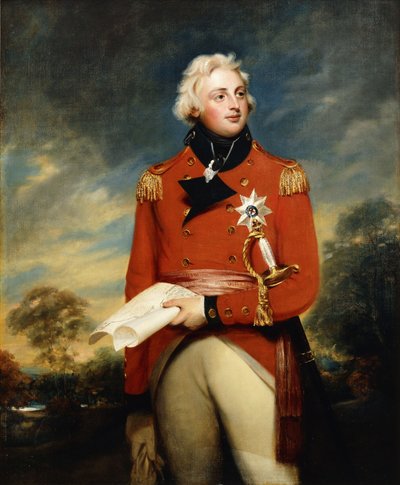 Portret van William Frederick, 2e Hertog van Gloucester, driekwart lengte, dragend het Uniform van Kolonel van de 3e Garde en de Borstster van de Orde van de Kousenband en een Campagneplan vasthoudend, in een Bosrijk Landschap door William Beechey