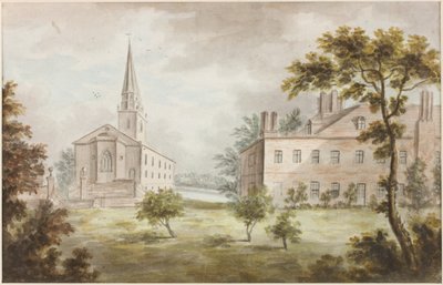 Kerk en huis in landschap door William Beilby
