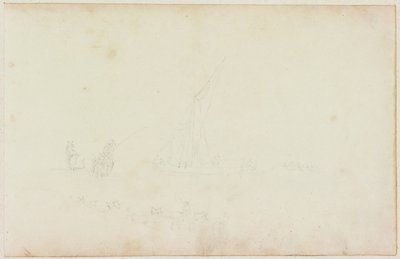Schets van Schip Roeiboot en Ruiter met Rij Paarden door William Beilby