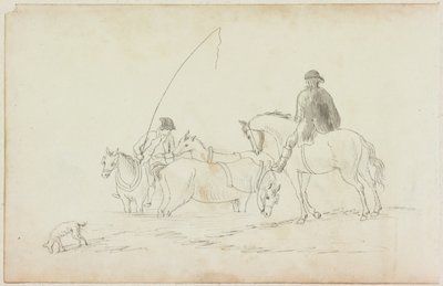 Twee mannen te paard met twee paarden en hond door William Beilby