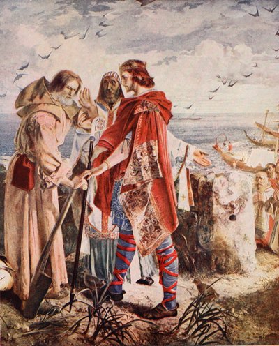 Egfrith biedt het Bisschopsambt van Hexham aan Cuthbert aan, 678, illustratie uit 