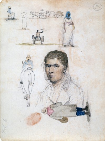 Acht kleine tekeningen, waaronder portret, figuurstudies, karren, door kunstenaar William Berryman door William Berryman