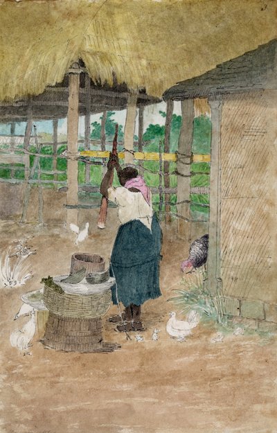 Vrouw die cassave slaat, Jamaica door William Berryman, actief in Jamaica tijdens de periode 1808-1816 door William Berryman