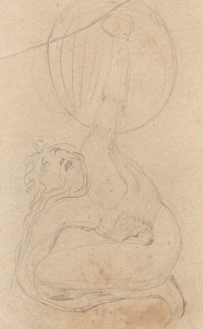 Een gehurkte figuur met een schild (verso) door William Blake