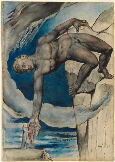 Antaeus zet Dante en Virgil neer in de Laatste Cirkel van de Hel door William Blake