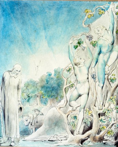 Comus ontmoet een van de broers die druk bezig is fruit te plukken om Lady te voeden. 19e eeuw door William Blake